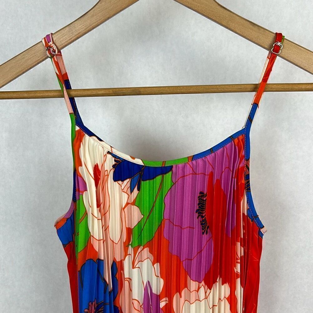 Sam Edelman Pleated Plisse Satin Belted Dress Sz S Multi Water Color Floral Midi - Picture 2 of 8